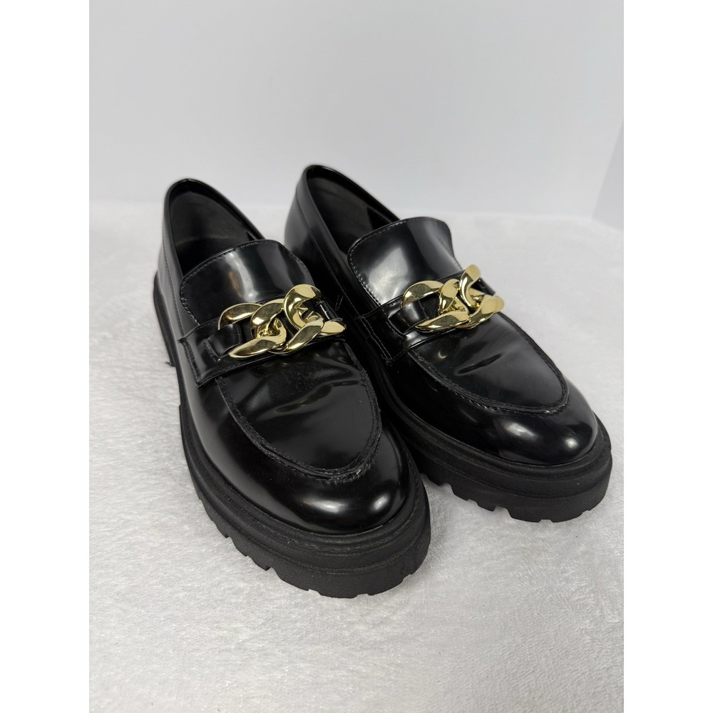 Steve‎ Madden Black Patent Platform Loafers Gold Chain Lug Sole Women's 10